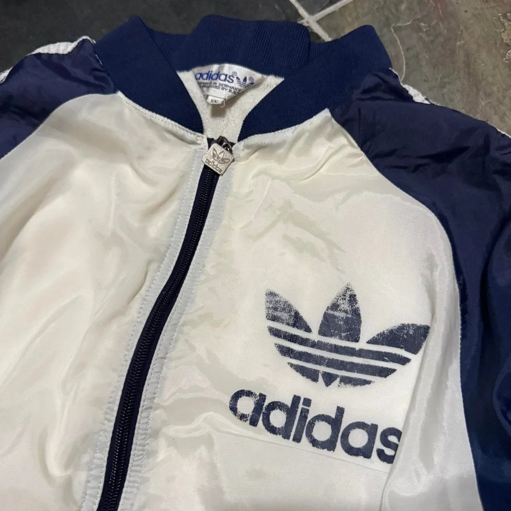 VINTAGE 80s Adidas Navy & White Track Jacket - Large